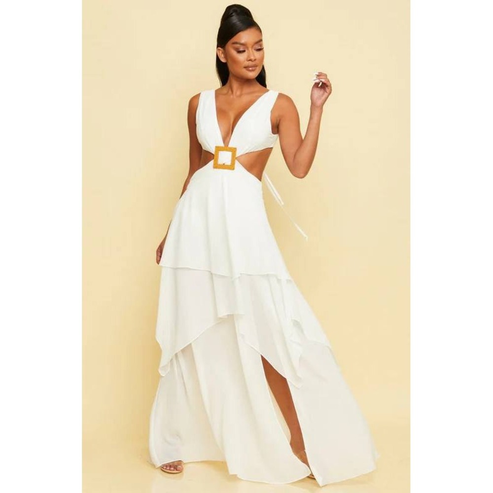 My-Kim Maxi Dress Women XS White Good Plunging Cutout Tiered Buckle Goddess